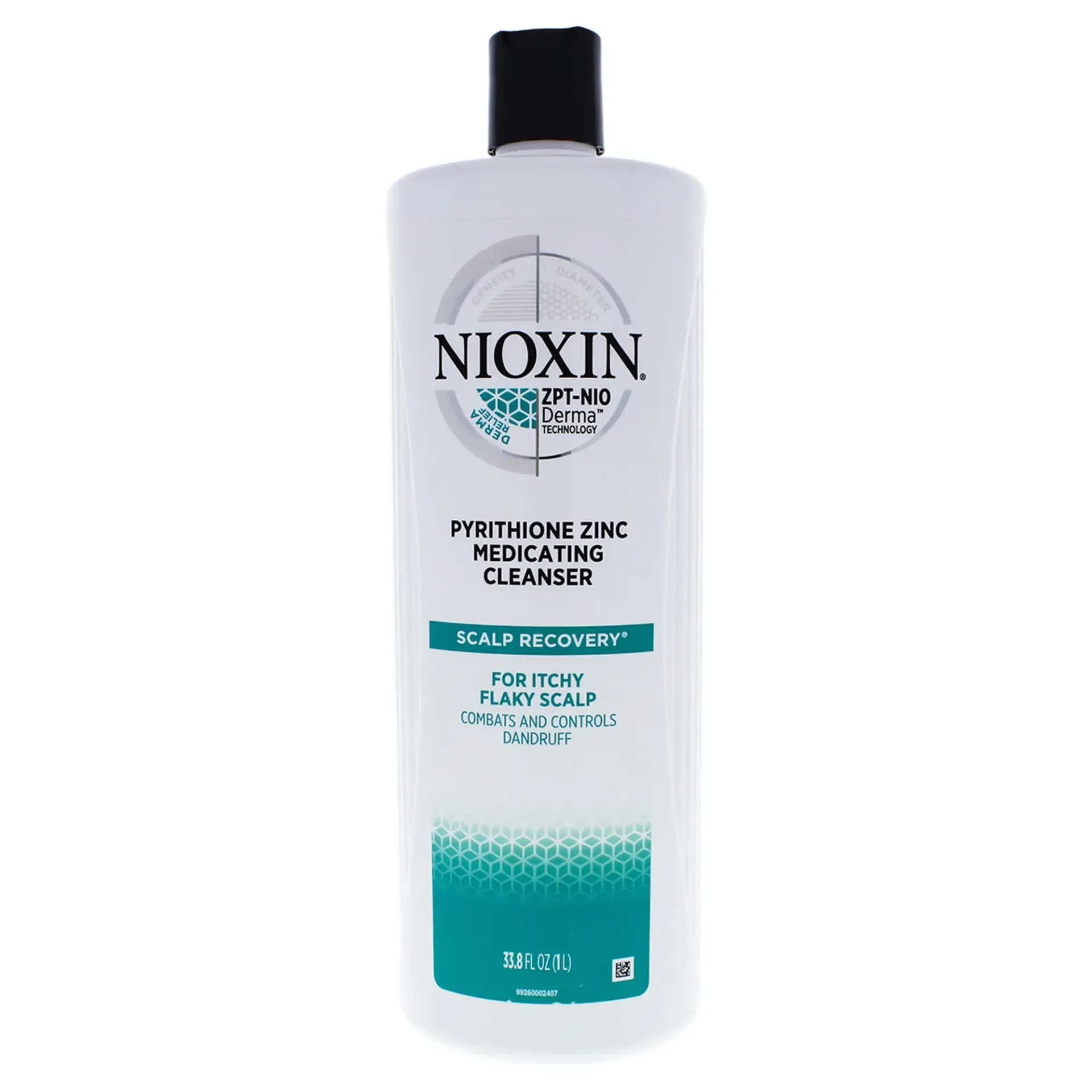 A bottle of nioxin pyrithione zinc medication cleanser on a white background.