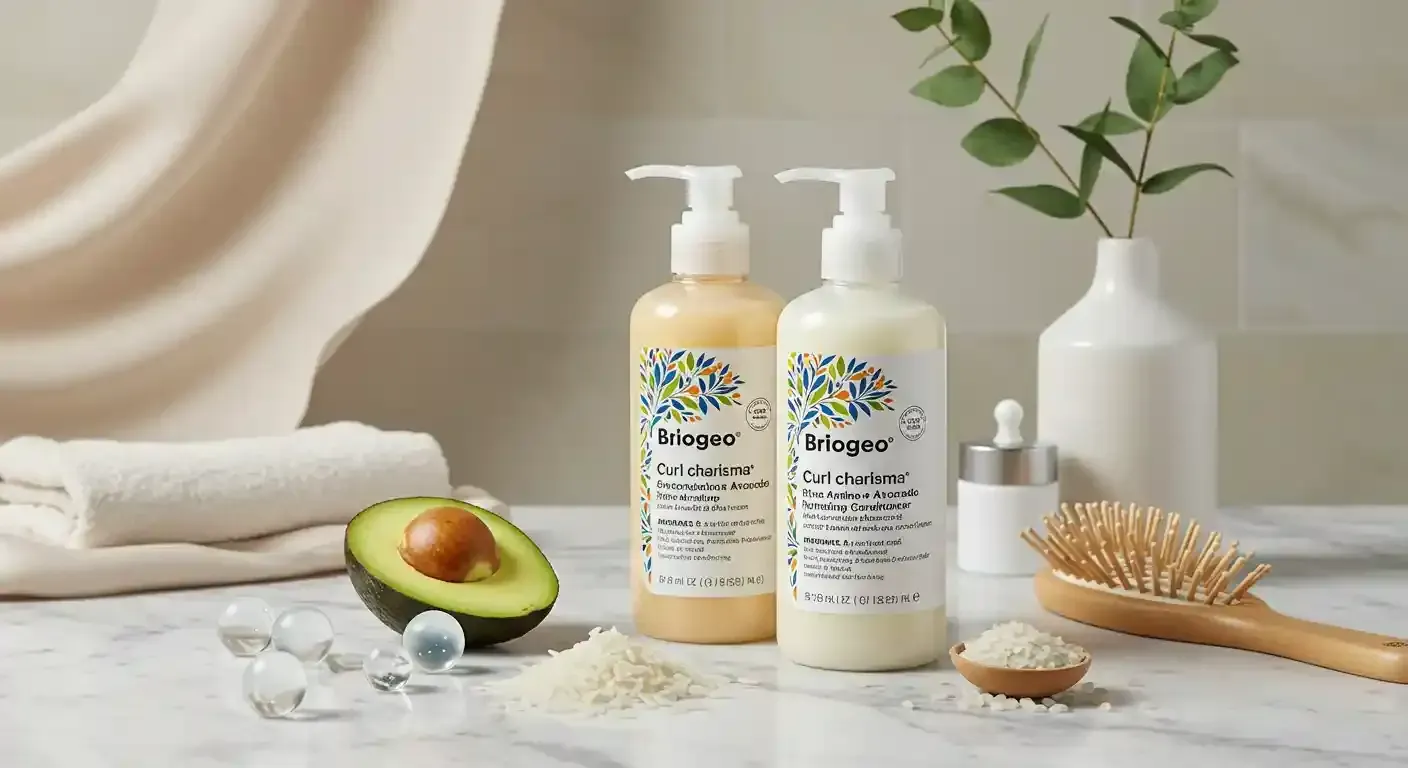 Two bottles of shampoo and conditioner are sitting on a table next to an avocado and a brush.