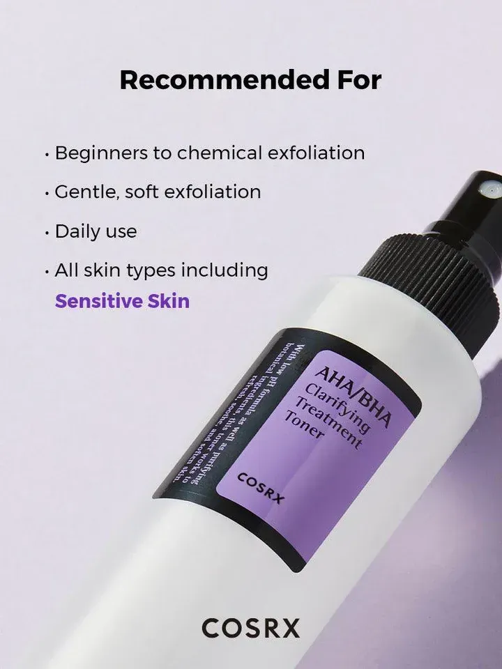 A bottle of cosrx clarifying treatment toner is recommended for beginners to chemical exfoliation
