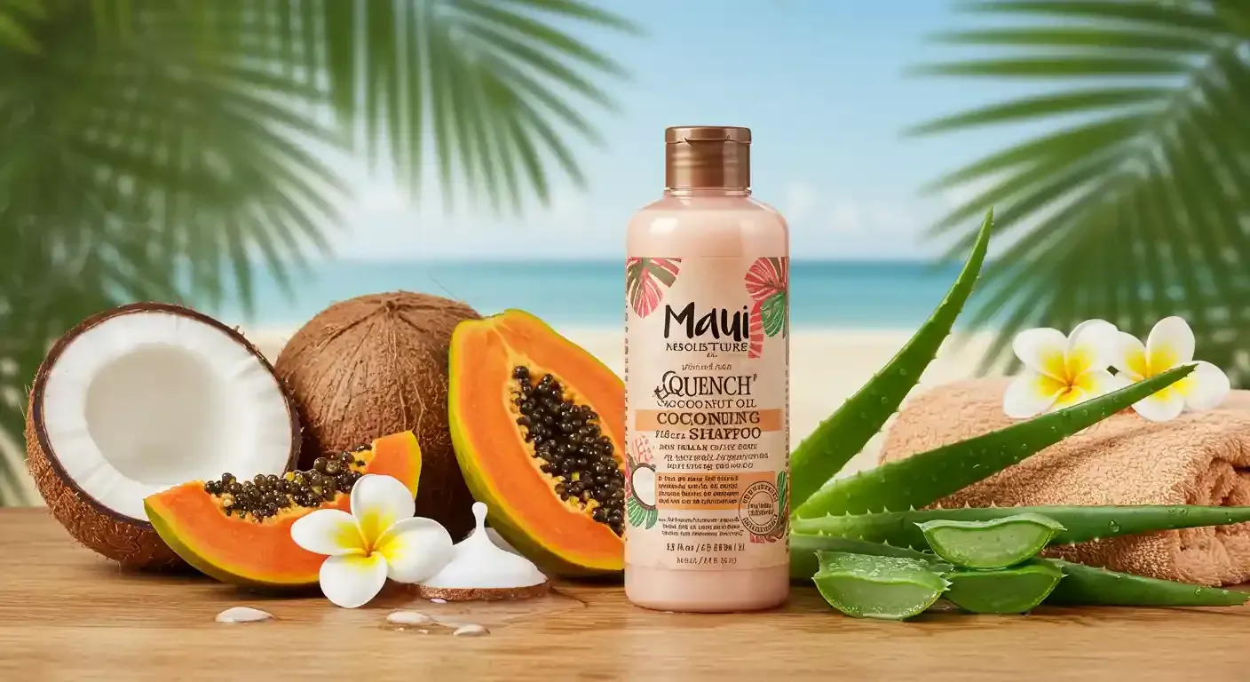 A bottle of lotion is sitting on a wooden table next to fruits and flowers.