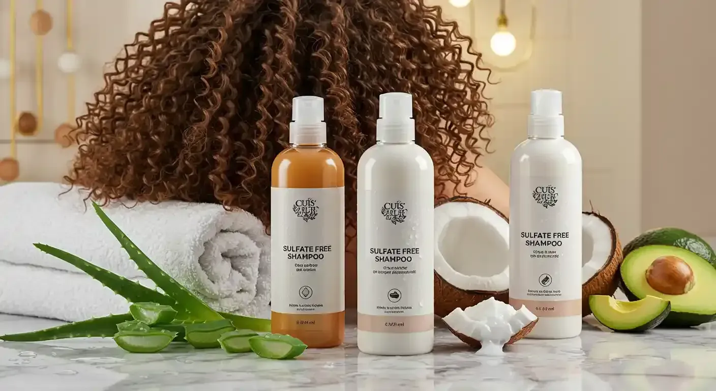 A woman with curly hair is standing next to three bottles of hair products.