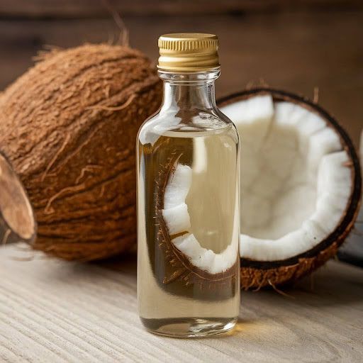 A bottle of coconut oil is sitting on a wooden table next to a coconut.
