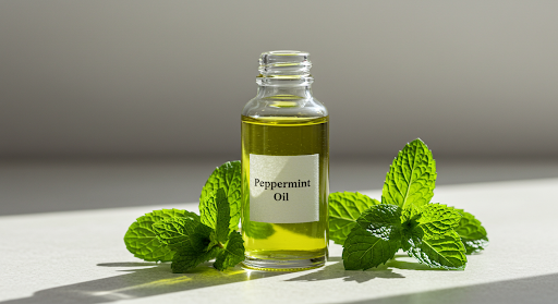 A bottle of peppermint oil next to mint leaves on a table.
