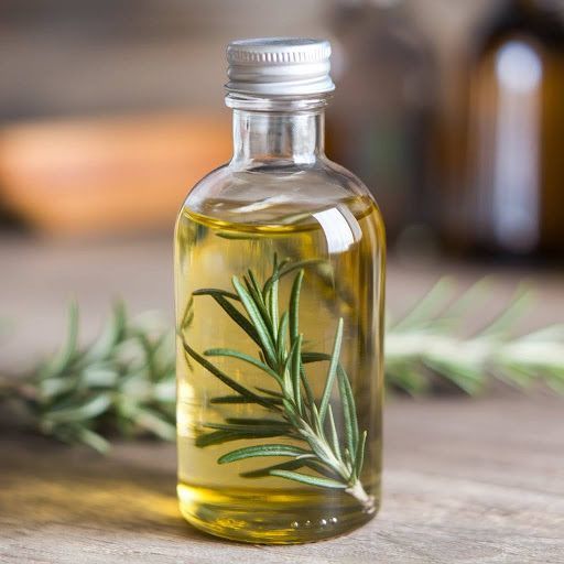 A bottle of rosemary oil with a sprig of rosemary in it.