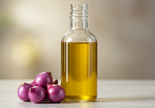 A bottle of oil next to a bunch of onions on a table.