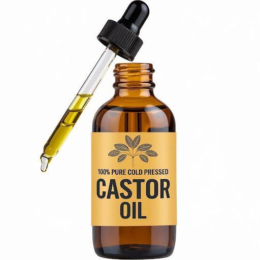 A bottle of castor oil with a dropper in it.
