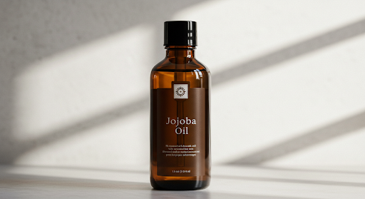 A bottle of jojoba oil is sitting on a table.