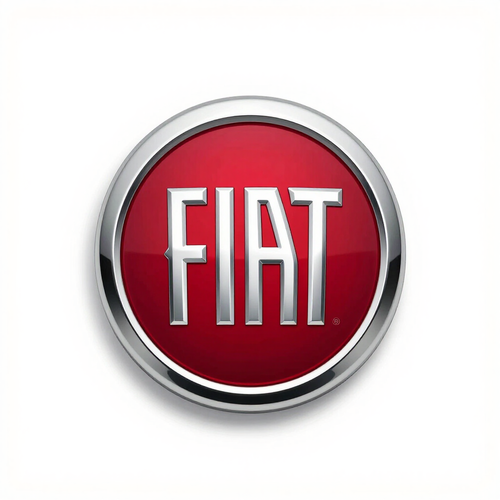 Logotipo de Fiat: insignia circular roja con borde plateado y letras blancas sobre fondo blanco.