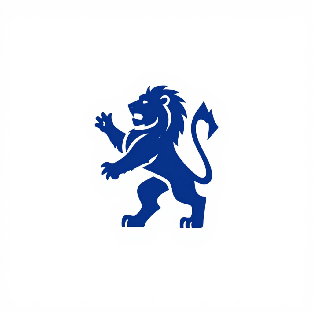 Logotipo de un león azul de pie sobre sus patas traseras con la pata levantada y la cola enroscada sobre un fondo blanco.