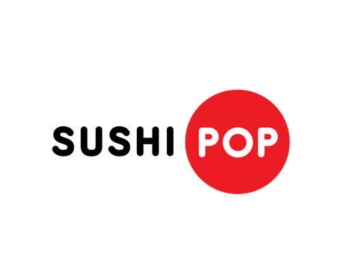 Logotipo de SUSHI POP con texto negro y un círculo rojo que contiene la palabra