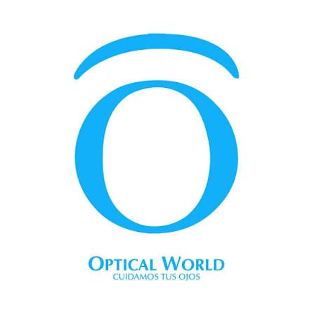 Logotipo de Blue Optical World con un ojo estilizado y el lema “Cuidamos tus ojos”