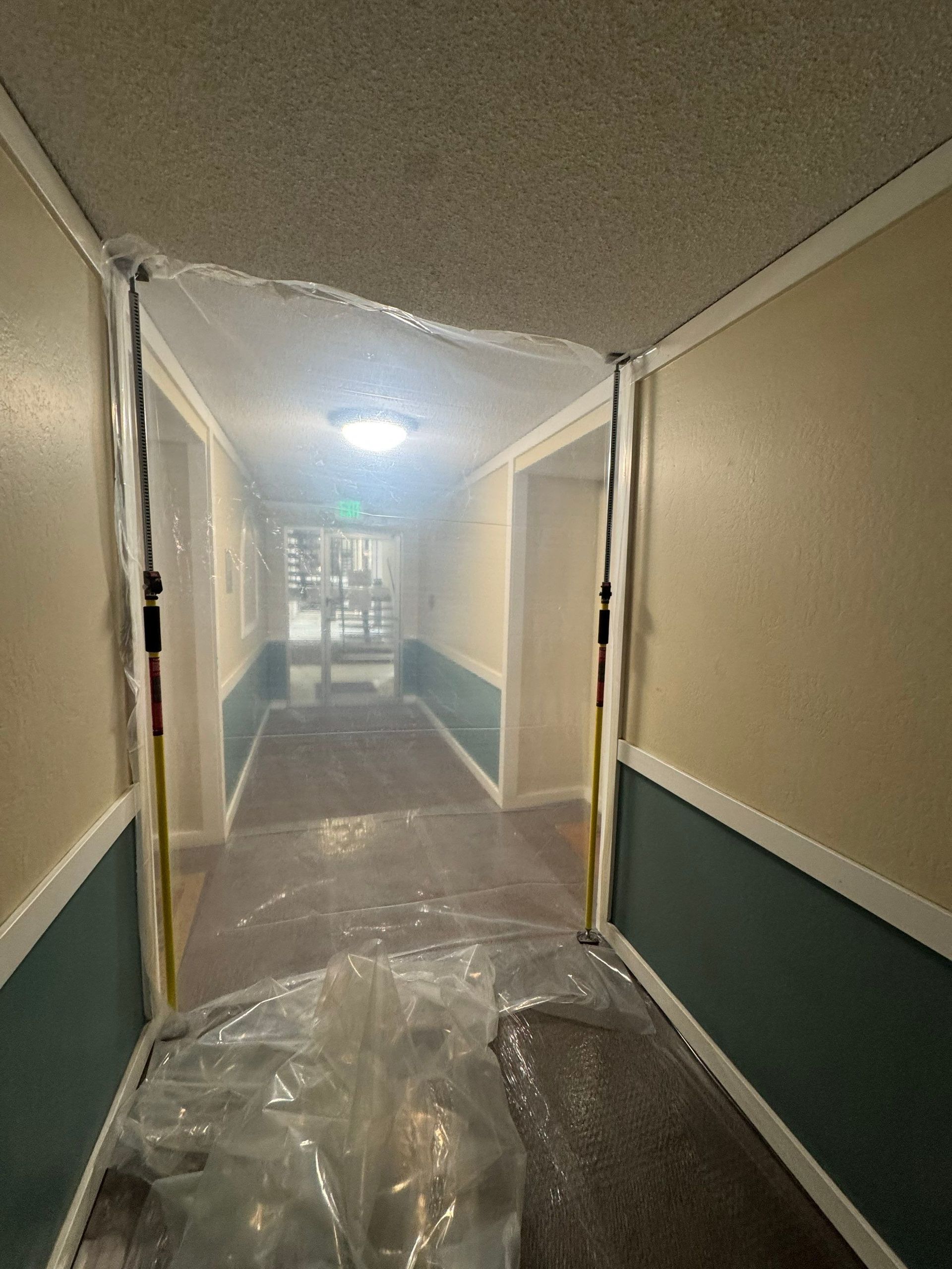 Narrow apartment hallway with plastic sheeting covering the floor and blue-green walls, lit by ceiling lights
