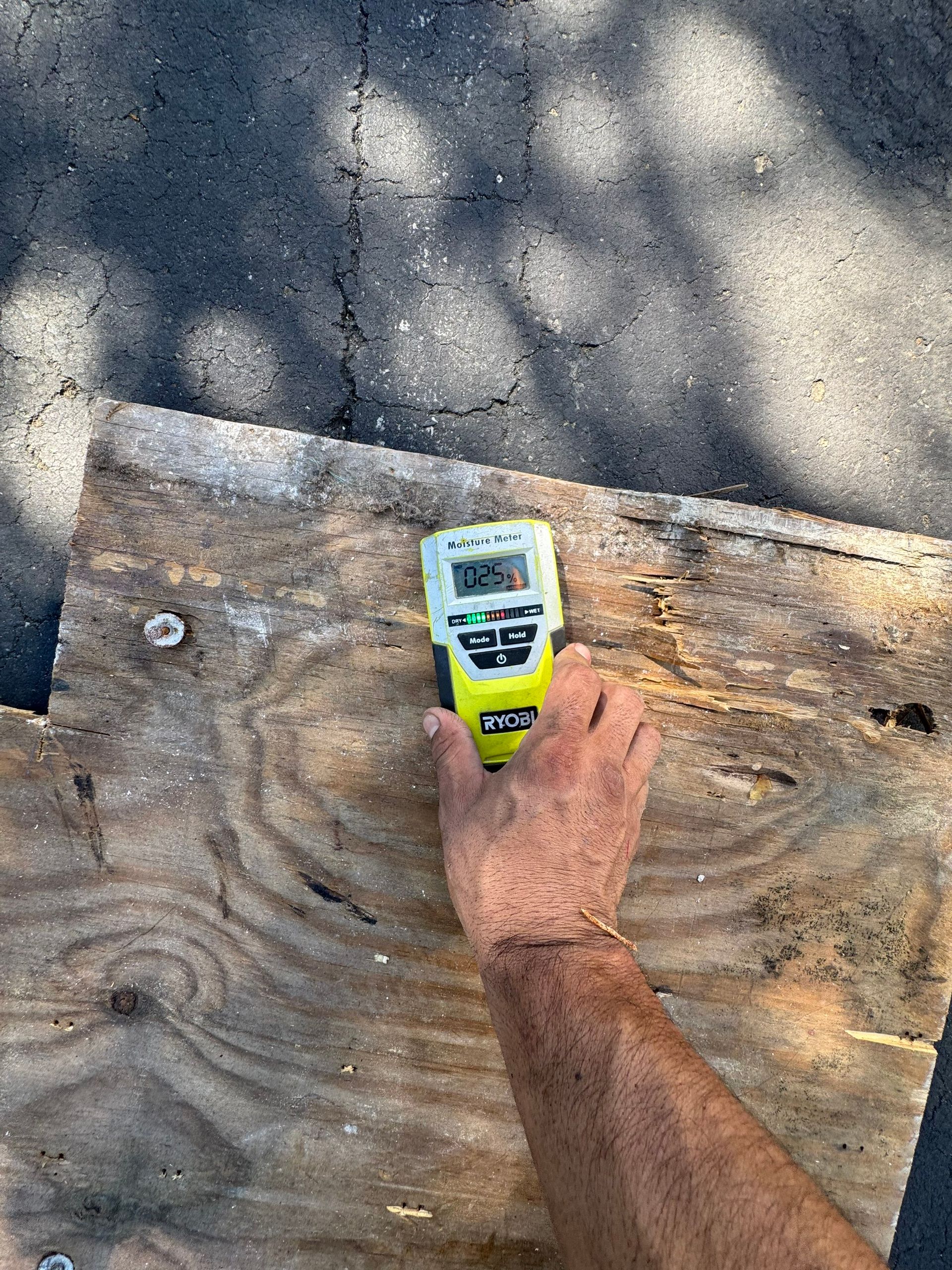 Hand using a green handheld meter on a weathered wooden board outdoors in dappled shade