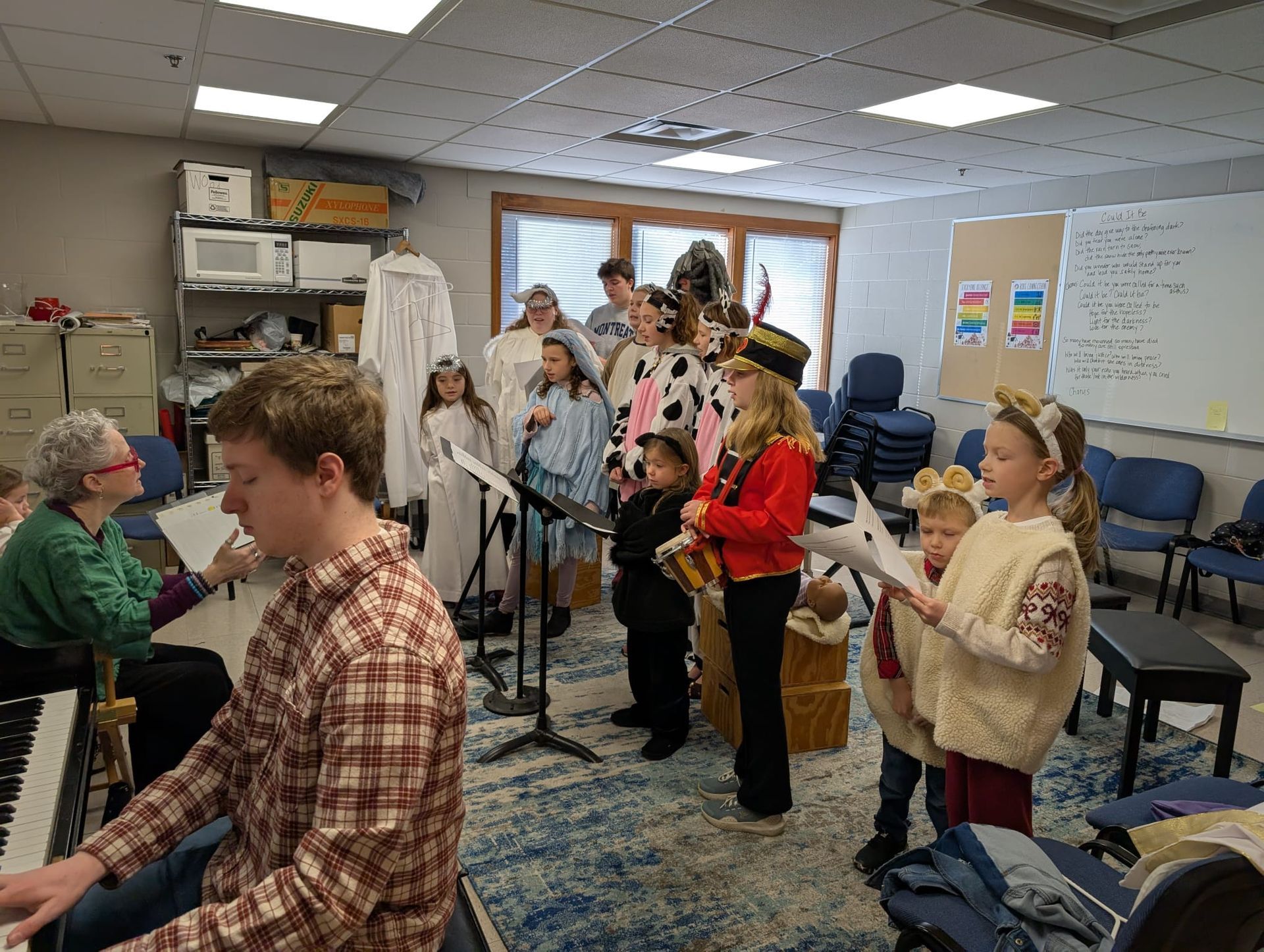 Kids in costume rehearsing for Christmas Pageant