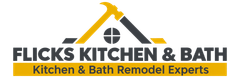 Flicks Kitchen & Bath logo with a hammer over a house and the tagline “Kitchen & Bath Remodel Experts”