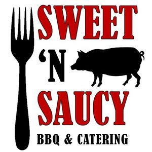 Logo for Sweet 'N Saucy BBQ & Catering featuring a black fork icon, a black pig silhouette, and red and black text.