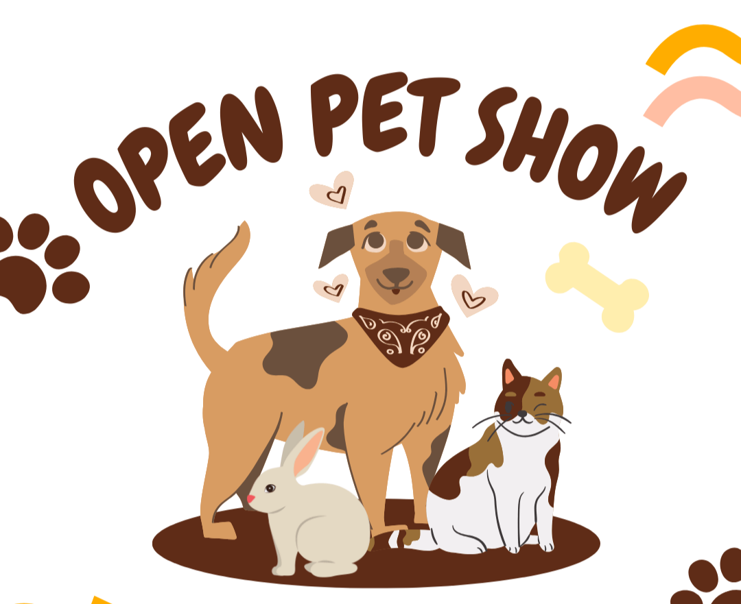 Open Pet Show event announcement for Sunday, July 27th, at 2:00 PM in the showring, featuring a dog, cat, and rabbit.