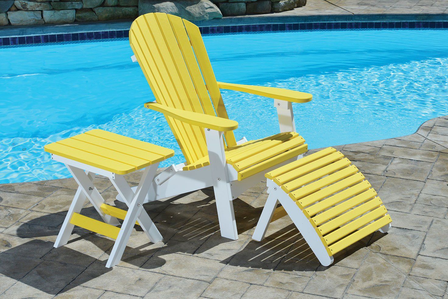 Relaxing by Ohio poolside on folding adirondak chair and folding end table custom amish made by Berlin Gardens comfo back collection