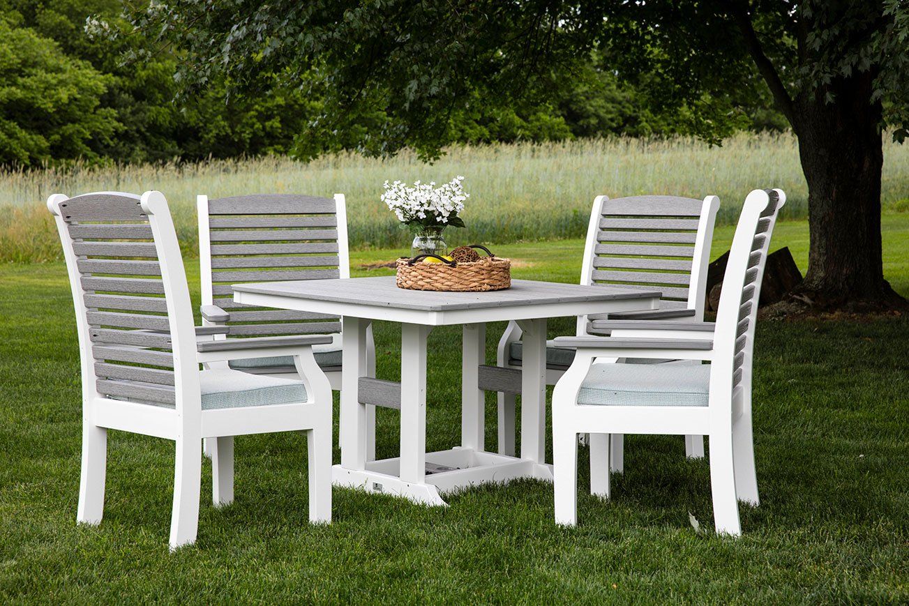 Classic Terrace deep seated dining chairs with square outdoor dining table in Ohio backyard made from amish recycled material