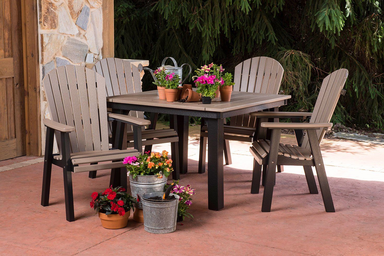 Farmhouse style weather resistant outdoor dining table in Ohio backyard