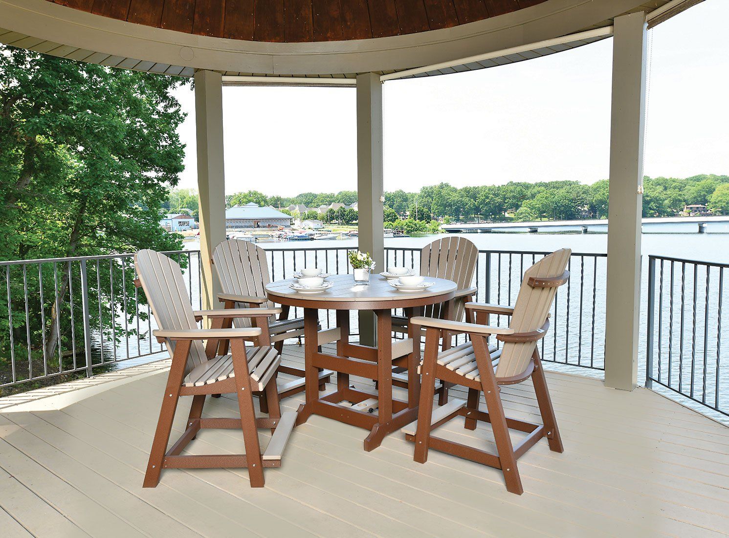 Outdoor furniture patio set with round dining table and chairs custom and amish made from recycled poly lumber