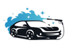 Auto sportiva nera con grafica blu a schizzi sullo sfondo