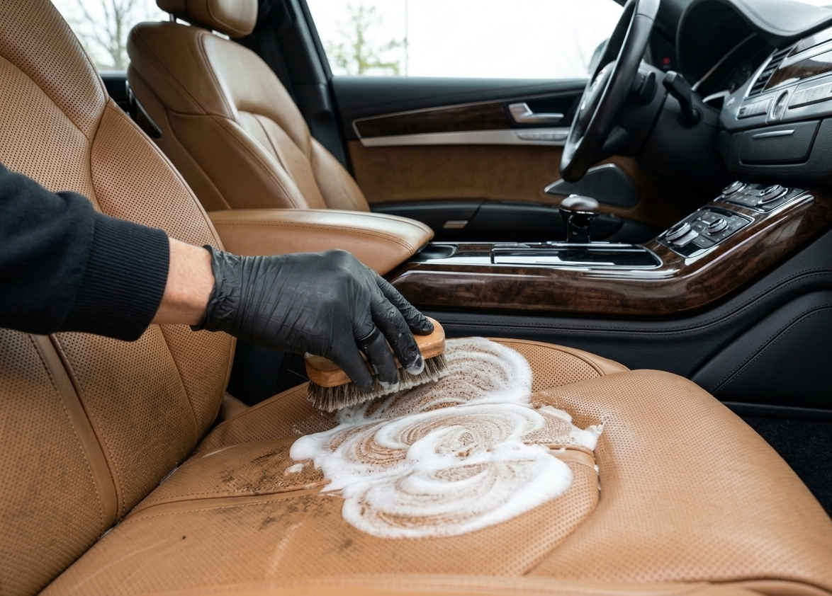 Mano guantata che pulisce un sedile auto beige con un detergente schiumogeno all'interno di un'auto