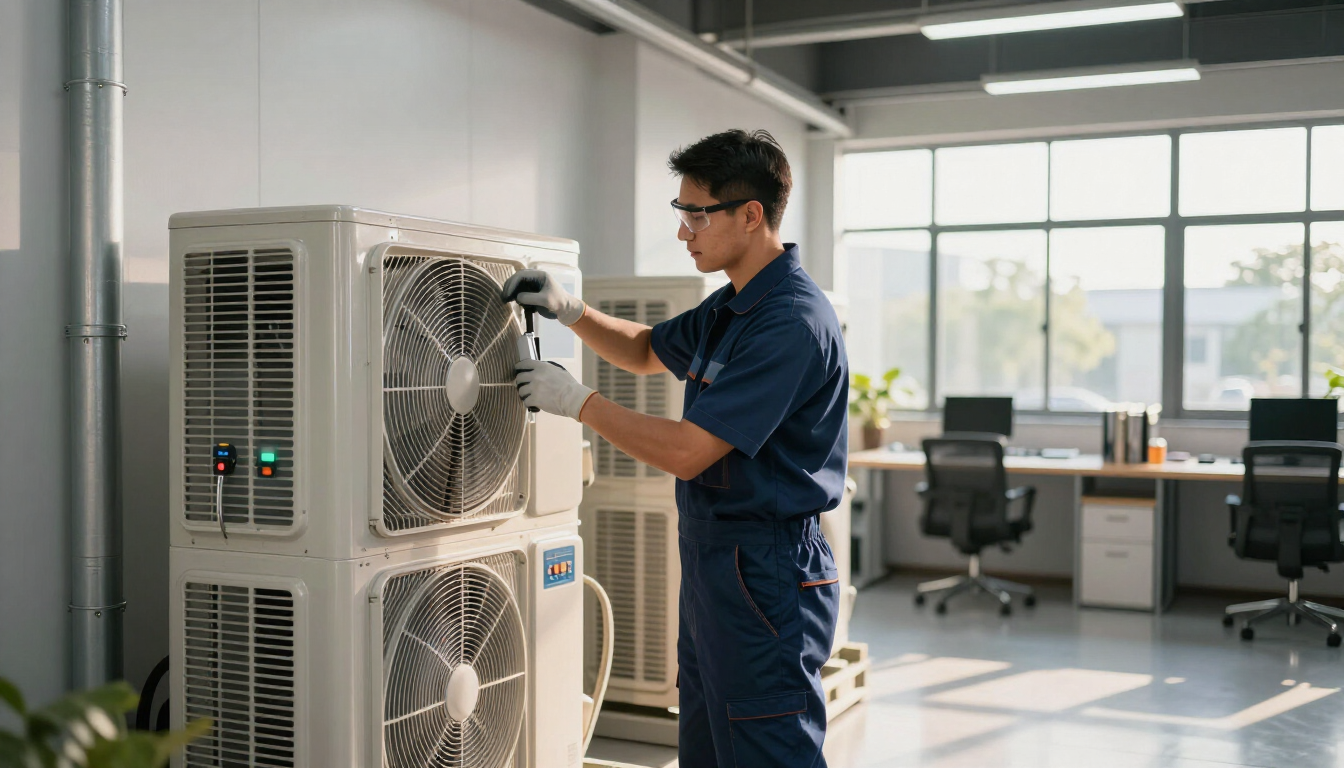Technician servicing an HVAC unit in a bright office space