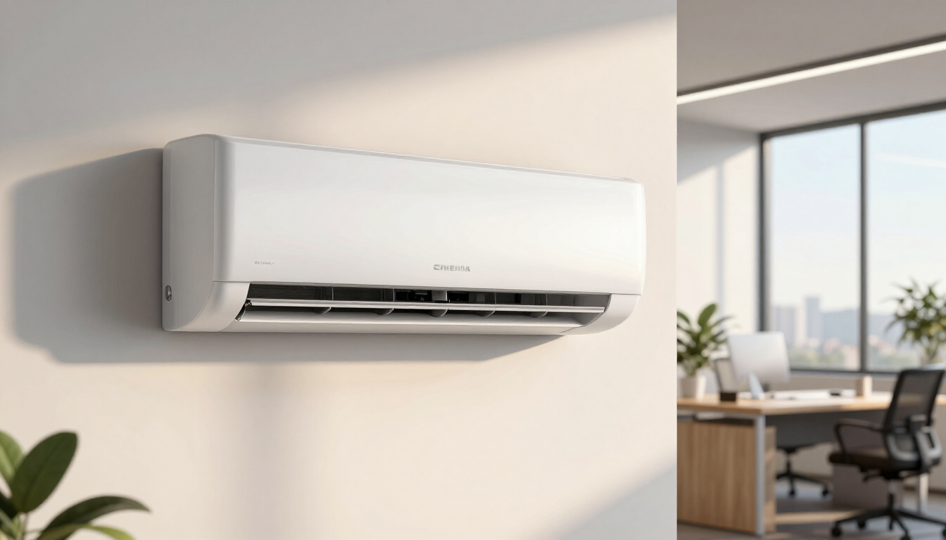 Wall-mounted white air conditioner in a bright modern office with desks and windows.