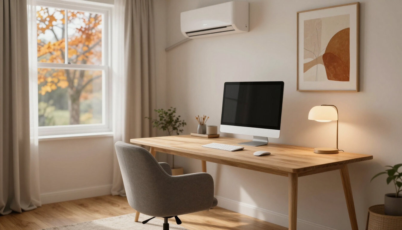 Minimal home office with wooden desk, computer, chair, lamp, wall art, and window with autumn trees.