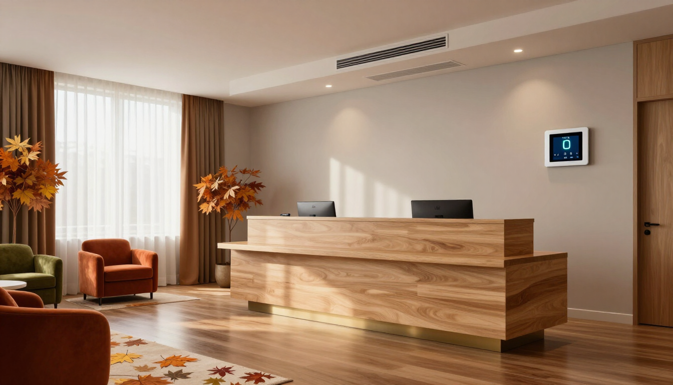 Modern hotel lobby with wooden reception desk, armchairs, and warm neutral decor