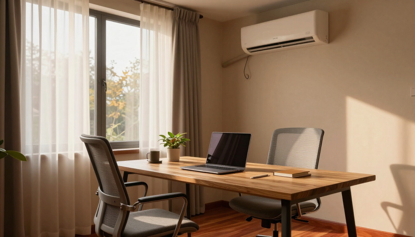 Bright home office with wooden desk, laptop, chairs, and sunlight through curtains, with wall-mounted AC above.