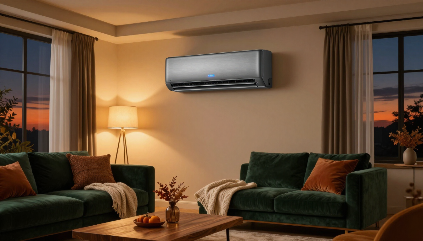 Cozy living room at sunset with two green sofas, a floor lamp, coffee table, and wall-mounted air conditioner.