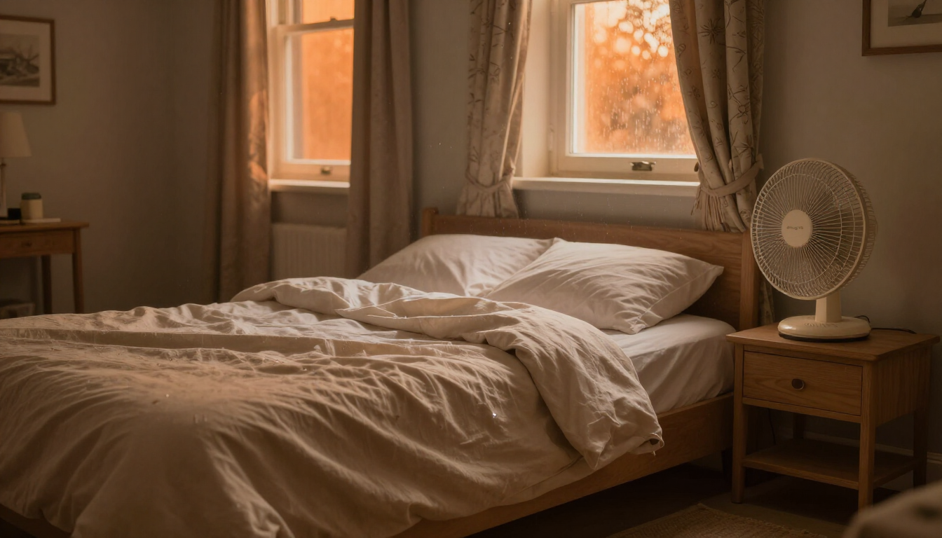 Cozy bedroom with an unmade bed, warm window light, and a small fan on a bedside table