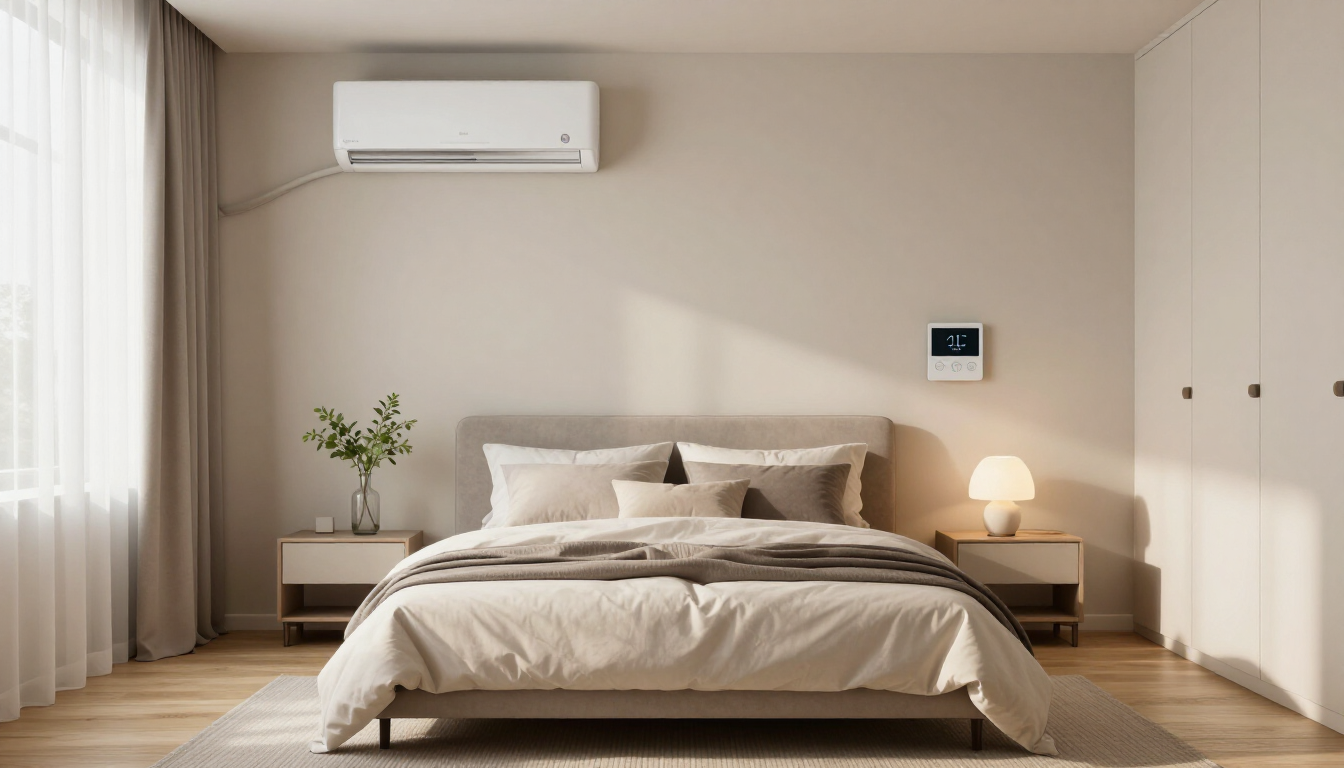 Minimal bedroom with a bed, bedside lamp, plant, wall art, and air conditioner in soft neutral tones