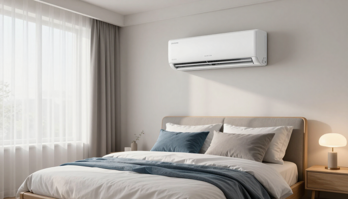 Minimal bedroom with a bed, wall-mounted air conditioner, sheer curtains, and a bedside lamp.