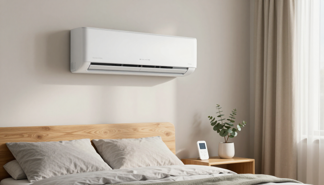 Modern bedroom with a wall-mounted air conditioner above a bed and bedside table