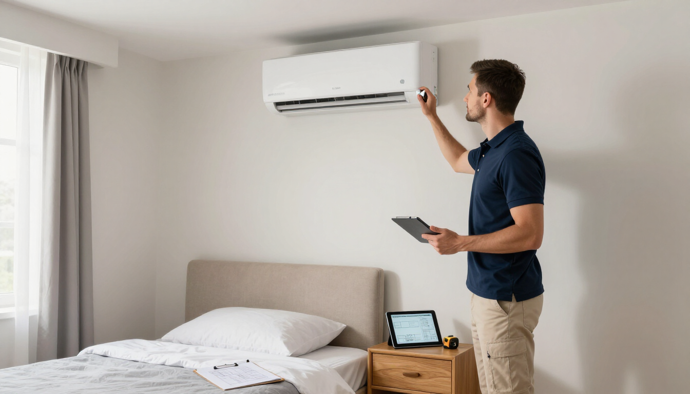 Man standing in a bedroom adjusting a wall-mounted air conditioner with a remote in hand