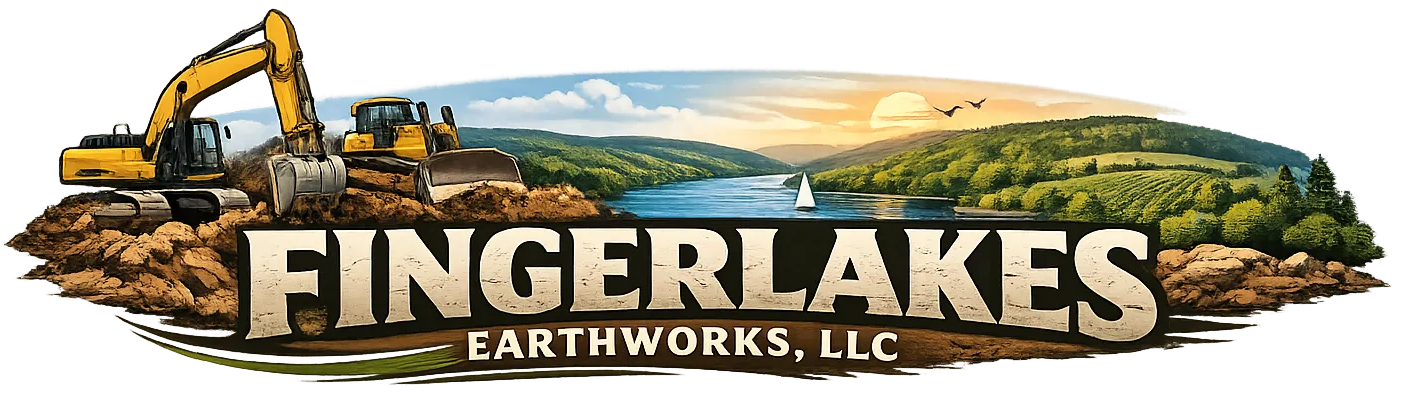 Fingerlakes Earthworks, LLC logo with excavator over a landscape and bold text
