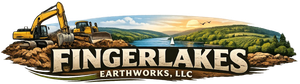 Fingerlakes Earthworks, LLC logo with excavator over a landscape and bold text