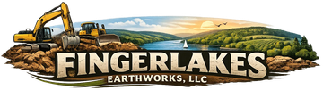 Fingerlakes Earthworks, LLC logo with excavator over a landscape and bold text