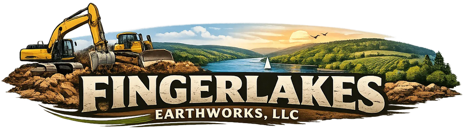Fingerlakes Earthworks, LLC logo with excavator over a landscape and bold text