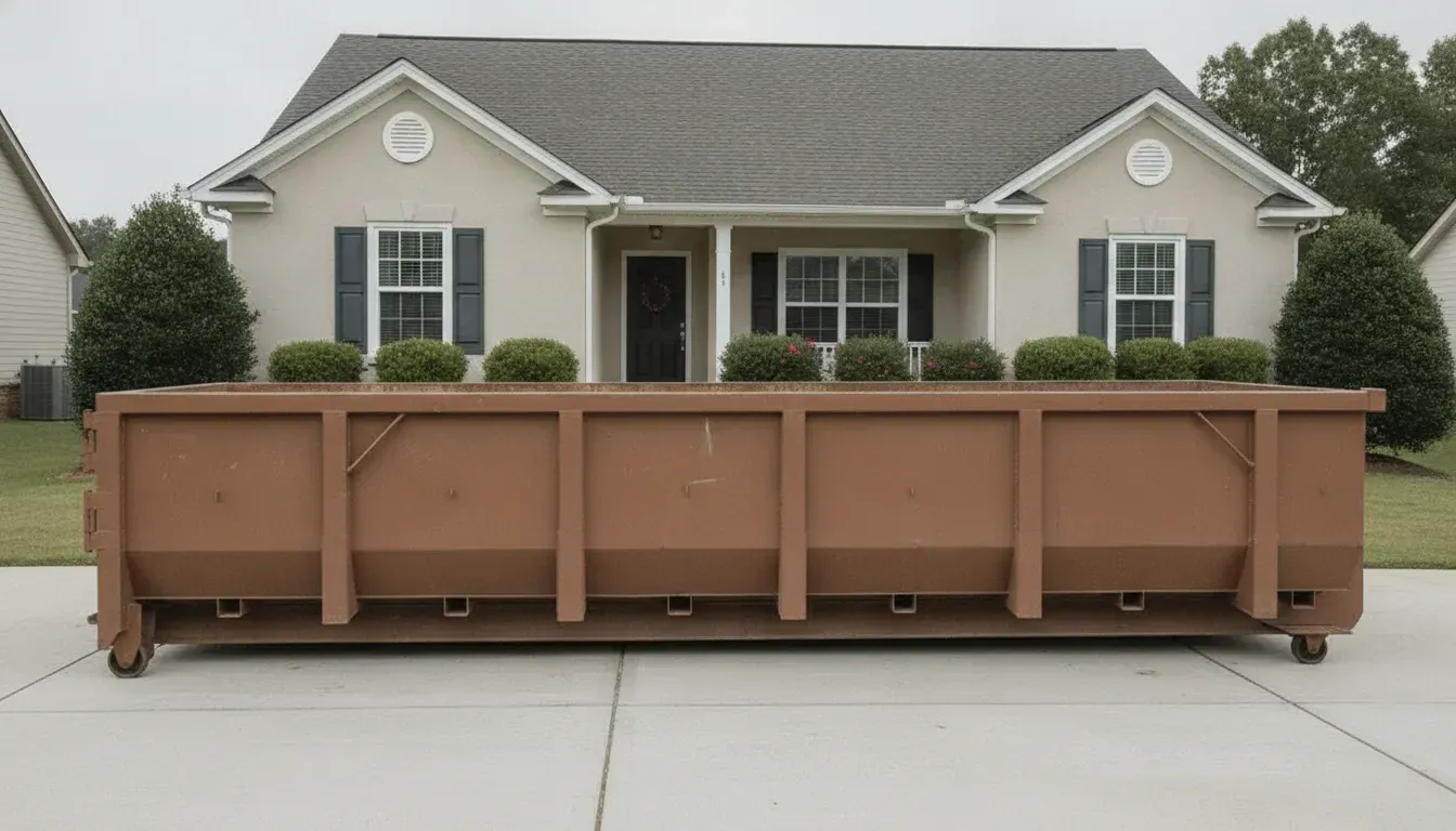 Earth-tone roll-off dumpster on a tidy residential driveway in front of a listing-ready home