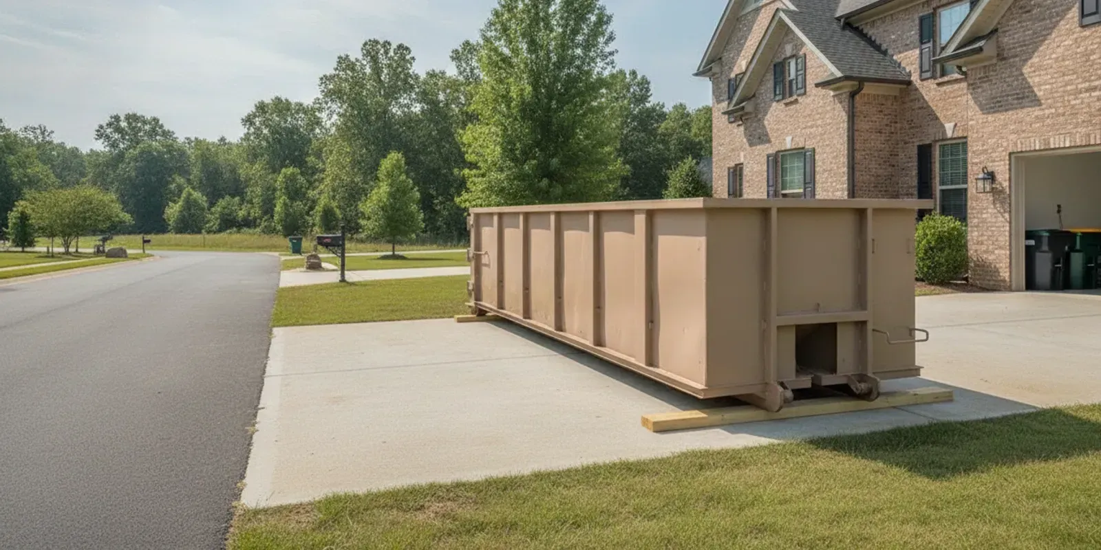 A 15-yard roll-off dumpster positioned on a residential driveway beside a home