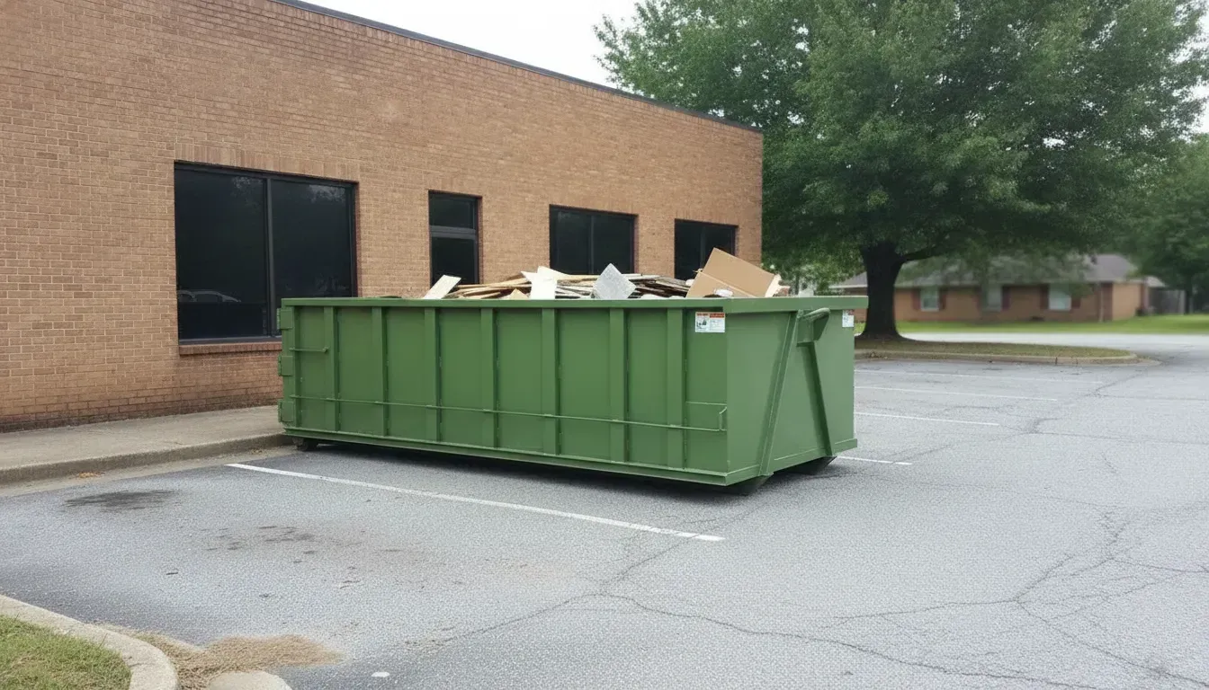 Green roll-off dumpster parked beside a brick commercial building during a cleanup