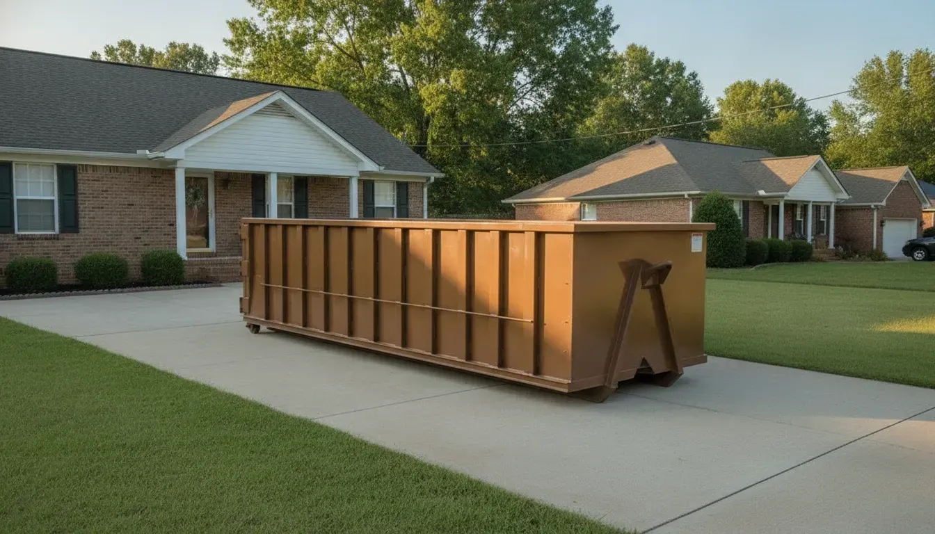 Earth-tone roll-off dumpster parked on a residential driveway beside a home under renovation