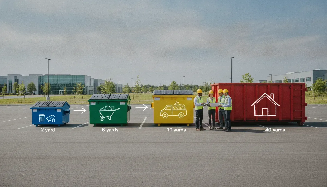 Dumpster sizes compared: 2-, 6-, 10-, and 40-yard containers with workers nearby.