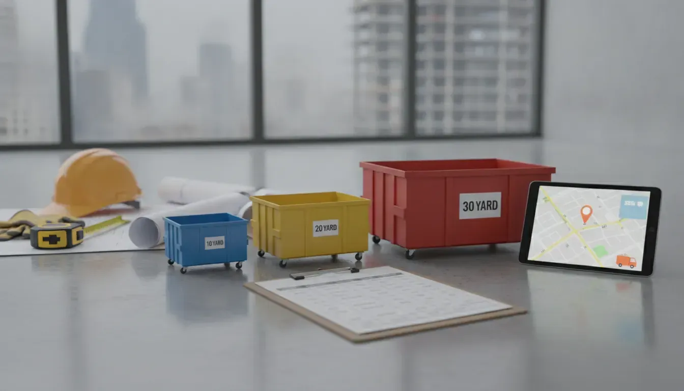 Dumpster rental containers in 10-, 20-, and 30-yard sizes at a construction site.