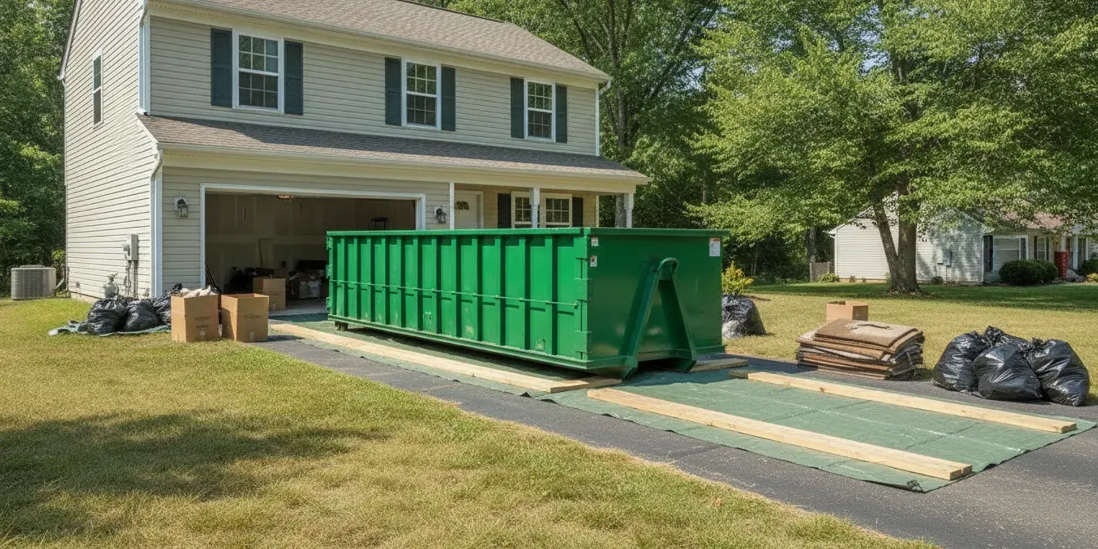 A 15-yard roll-off dumpster placed outside a home during organized water-damage debris removal