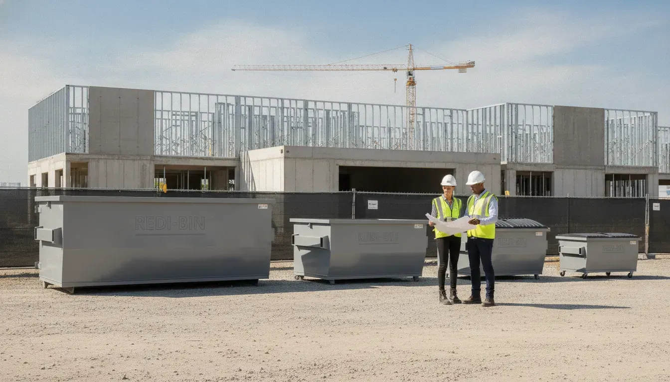 Two workers review plans beside construction dumpsters at a job site.